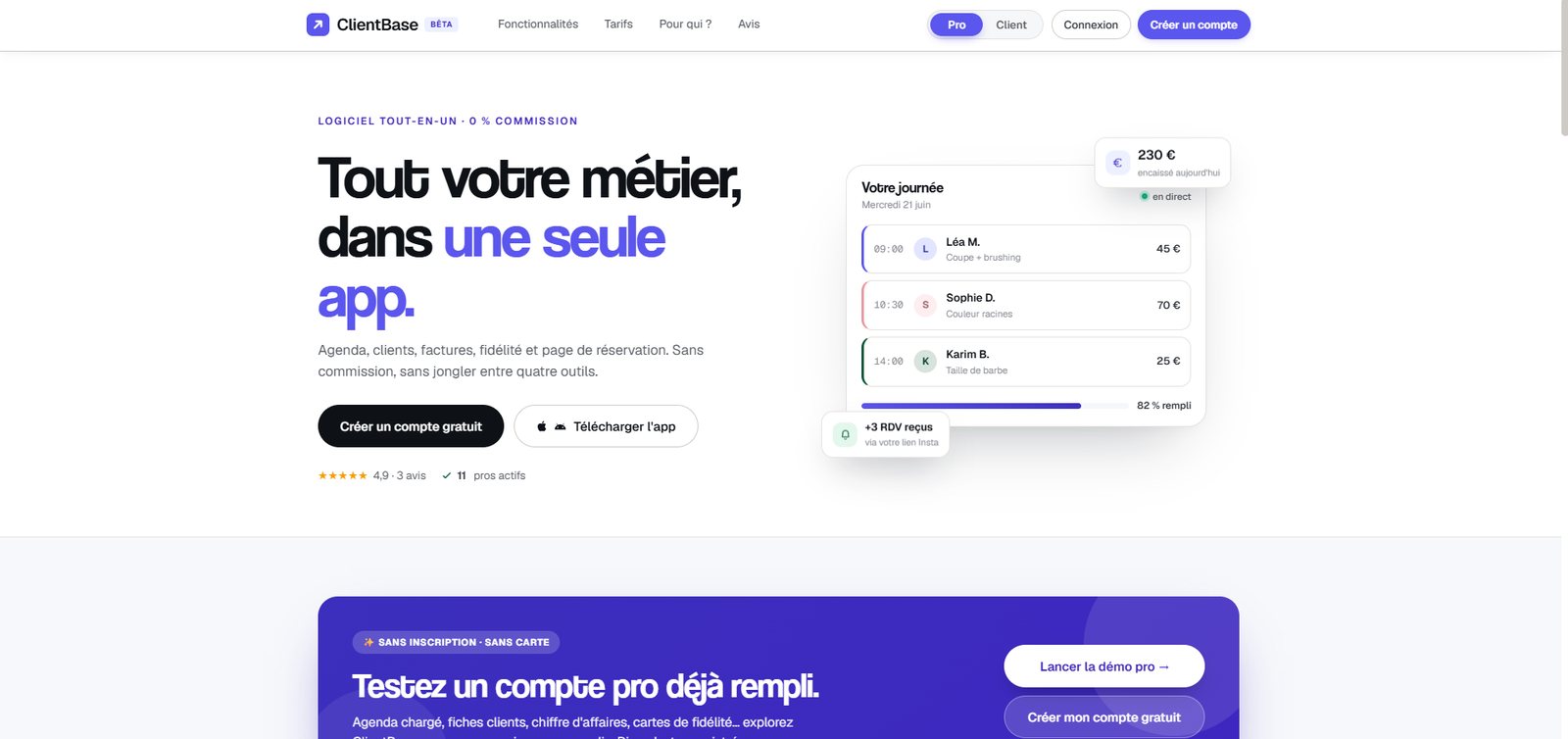 La page d’accueil : logiciel tout-en-un, 0 % de commission.