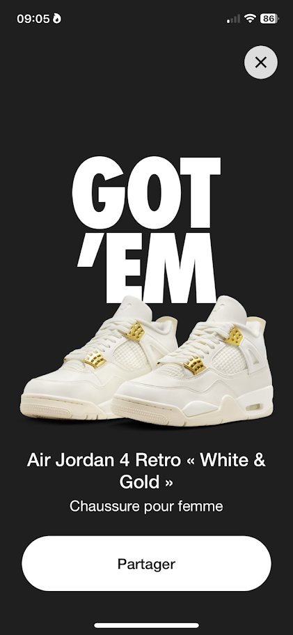 « GOT ’EM » : la Air Jordan 4 Retro « White & Gold » décrochée au tirage au sort.